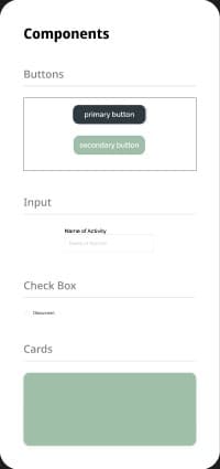 Component sheet with primary and secondary buttons, input, checkbox and card