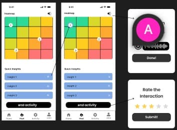 Mid fidelity heatmap screens with quick insights, a voice recording popup, and a rate the interaction popup