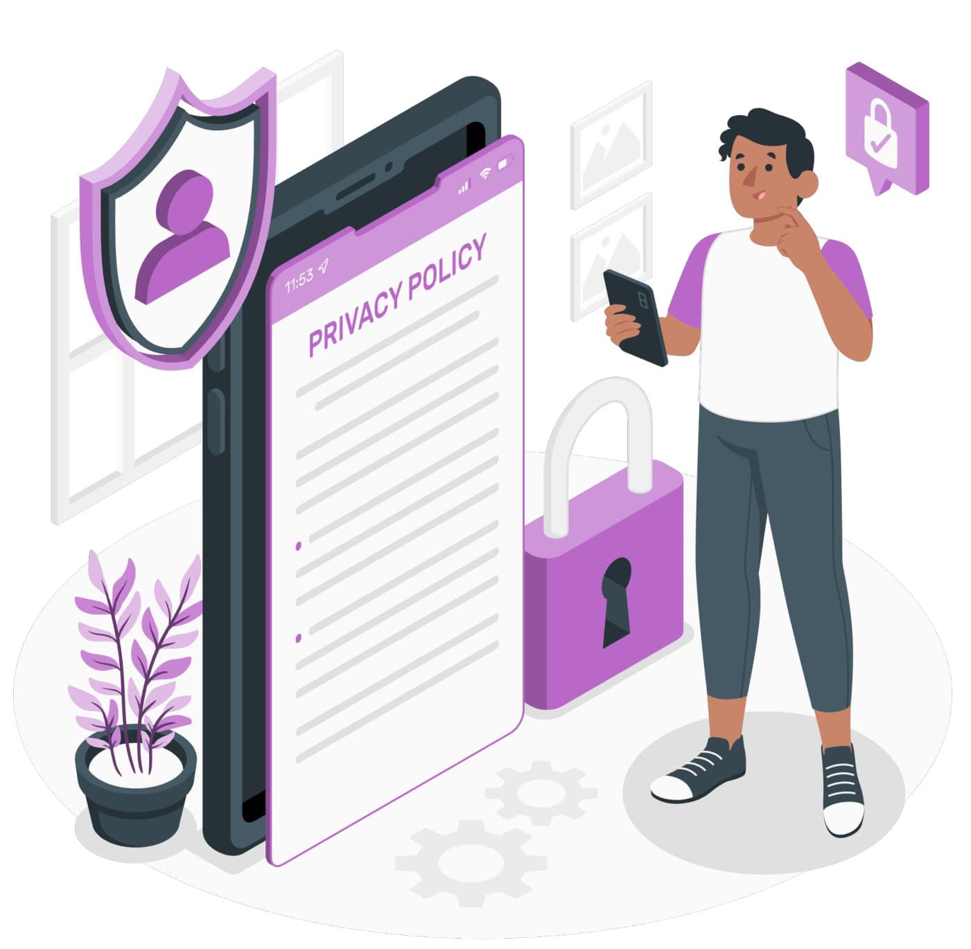 Illustration of a person reviewing a privacy policy next to a shield and padlock