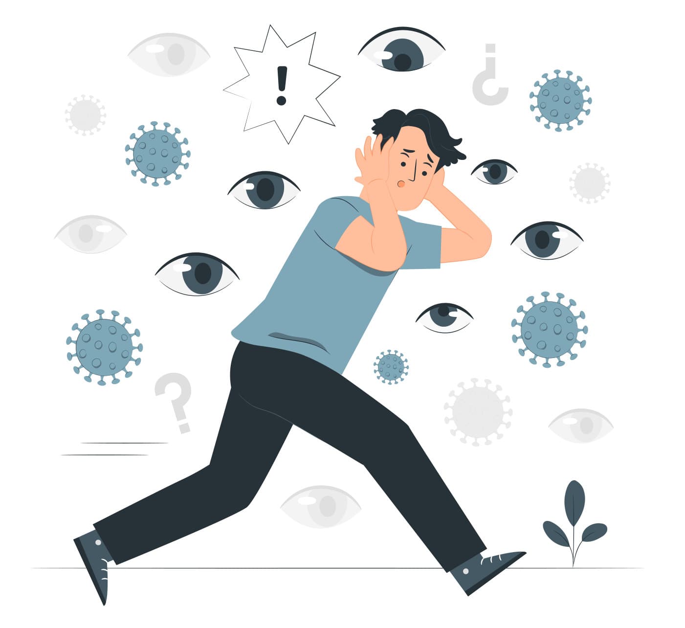Illustration of a person running from a crowd of watching eyes