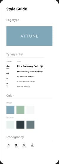 Style guide with logotype, typography scale, color palette and icons