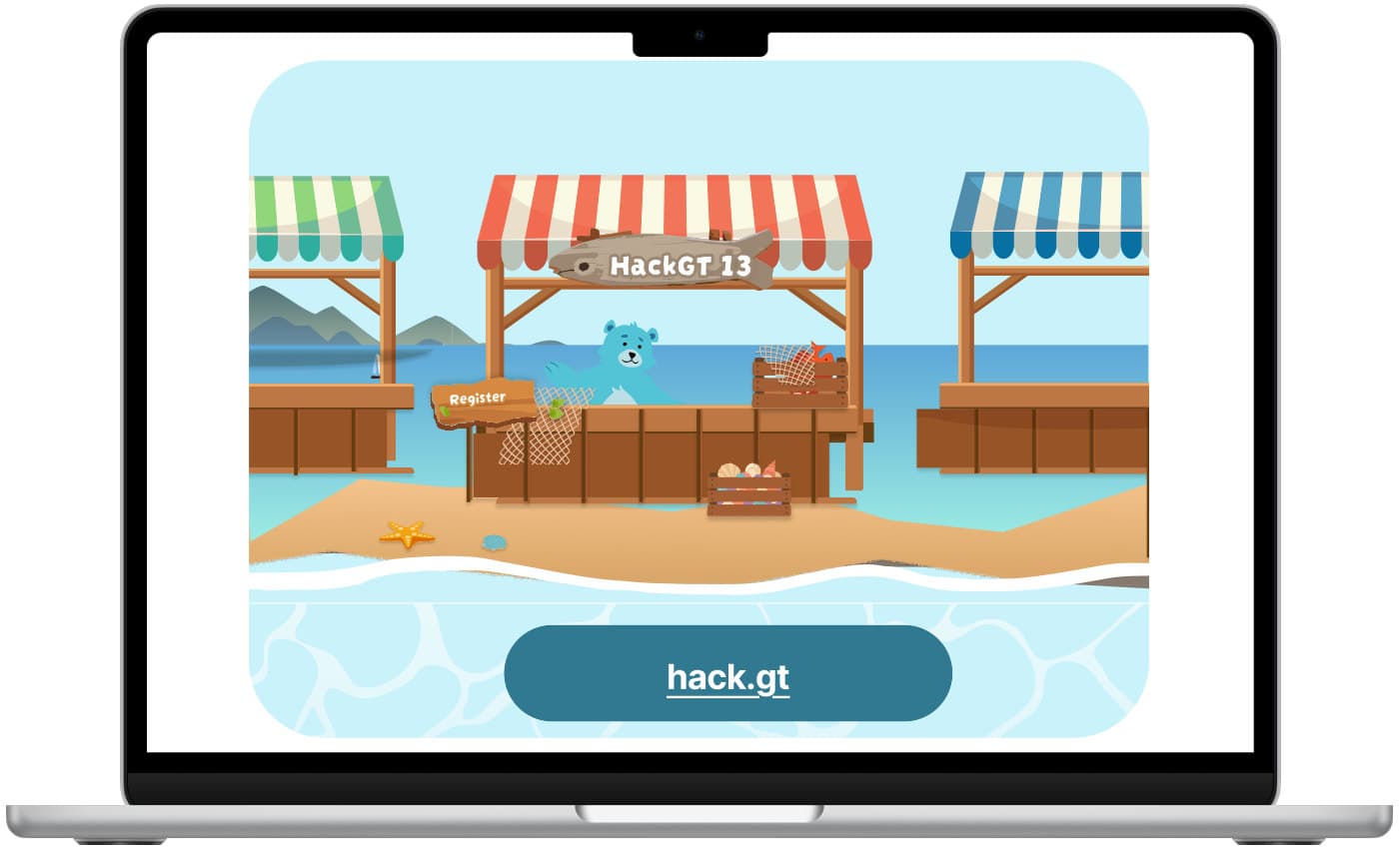 Final HackGT 13 homepage displayed on a laptop