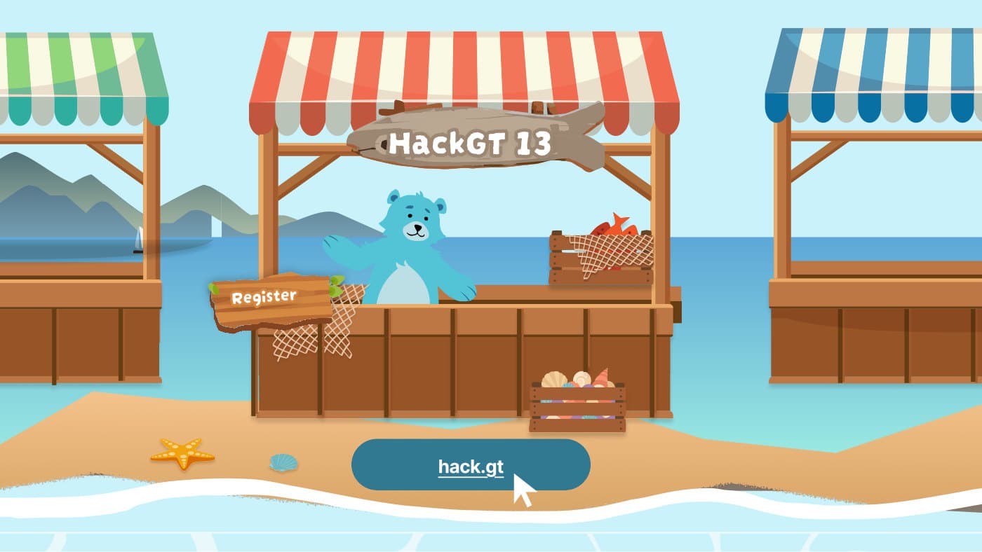 HackGT 13 hero: a bear running a seaside market stall with a Register sign