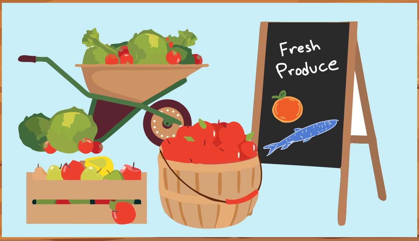 Fresh produce illustration with a wheelbarrow of vegetables