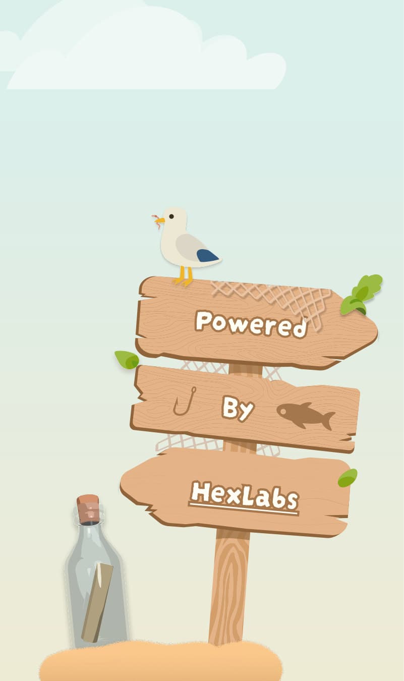 Wooden signpost reading Powered By HexLabs, with a seagull on top