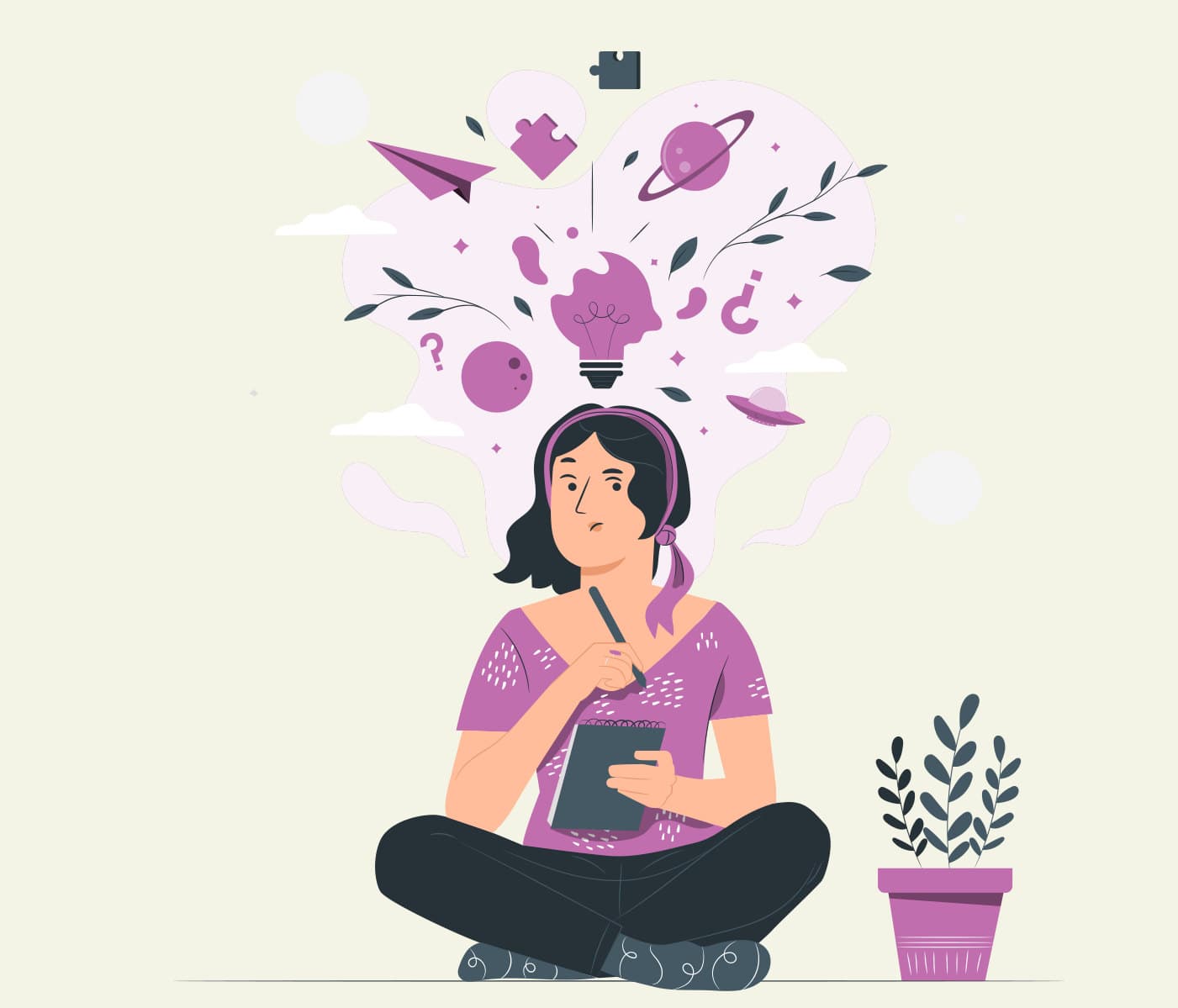 Illustration of a person sitting cross-legged under a burst of ideas
