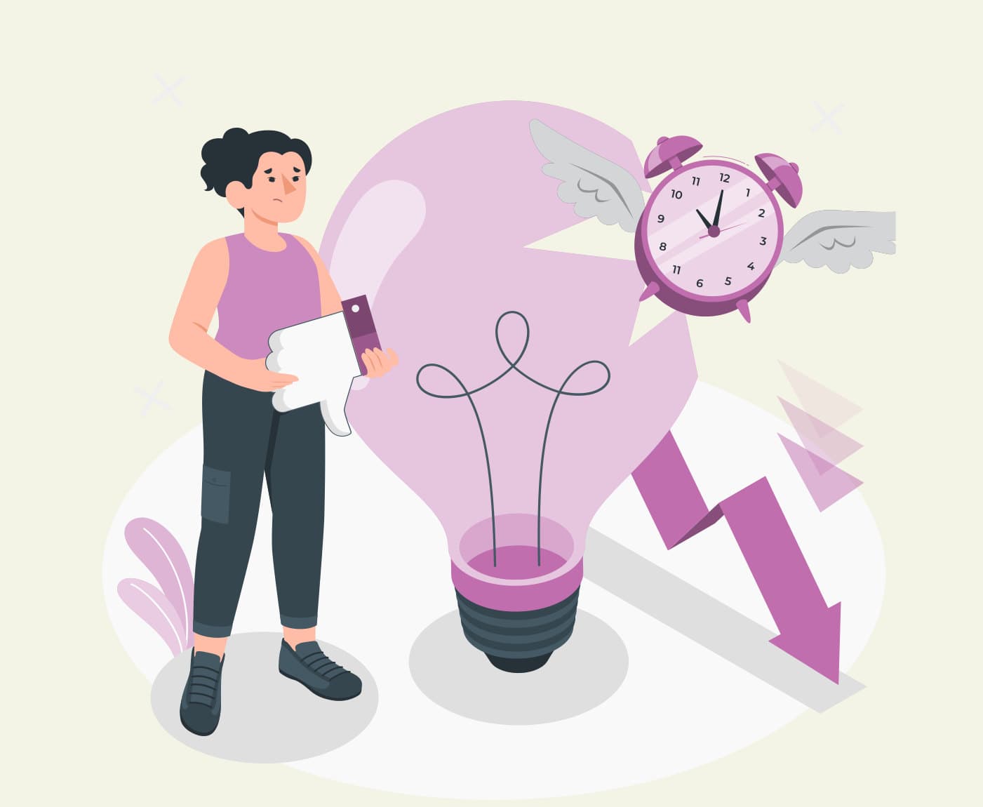 Illustration of a person beside a lightbulb and a ringing clock