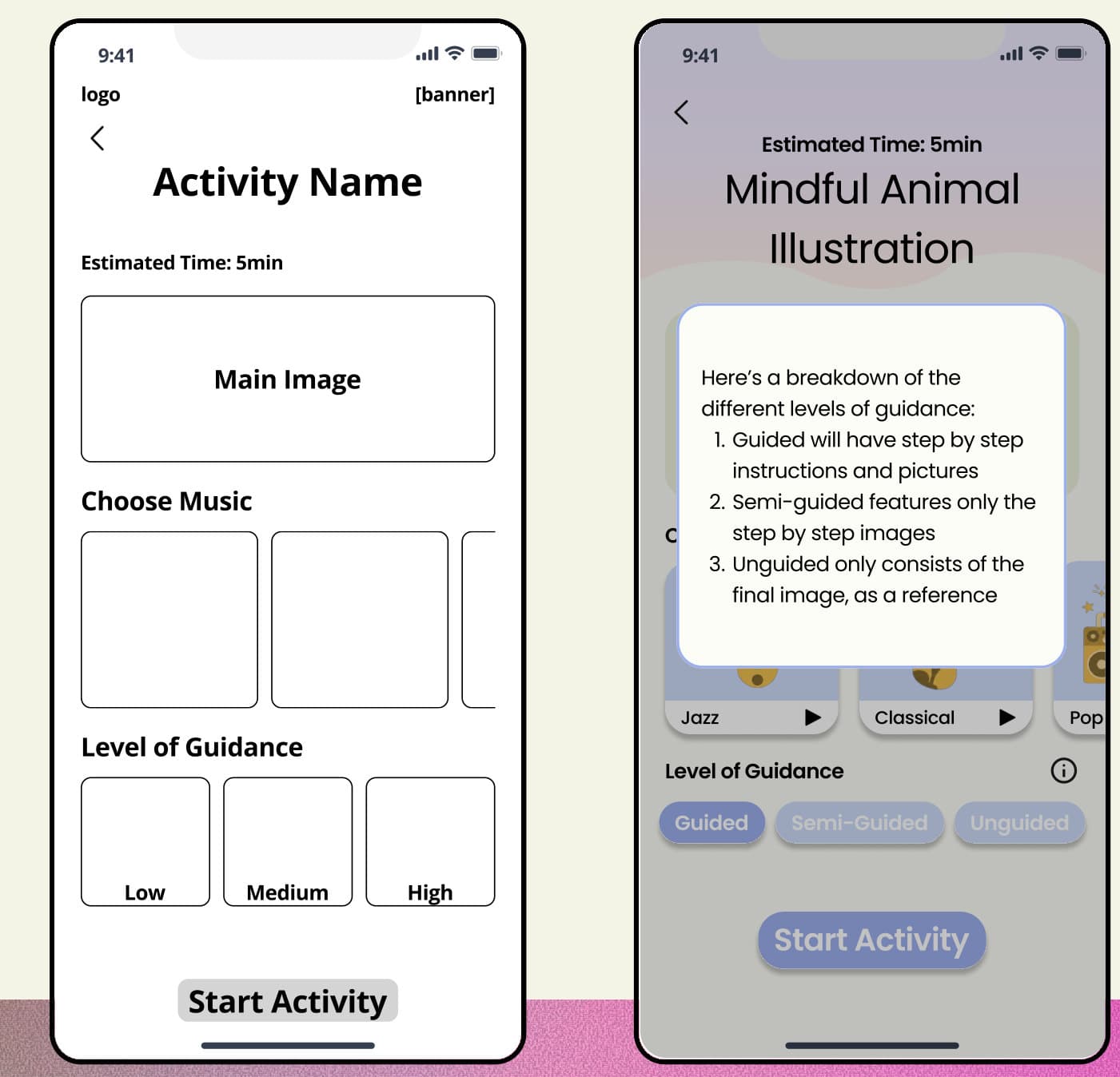 Activity screen before and after: vague guidance levels become labeled buttons with an explanation popup