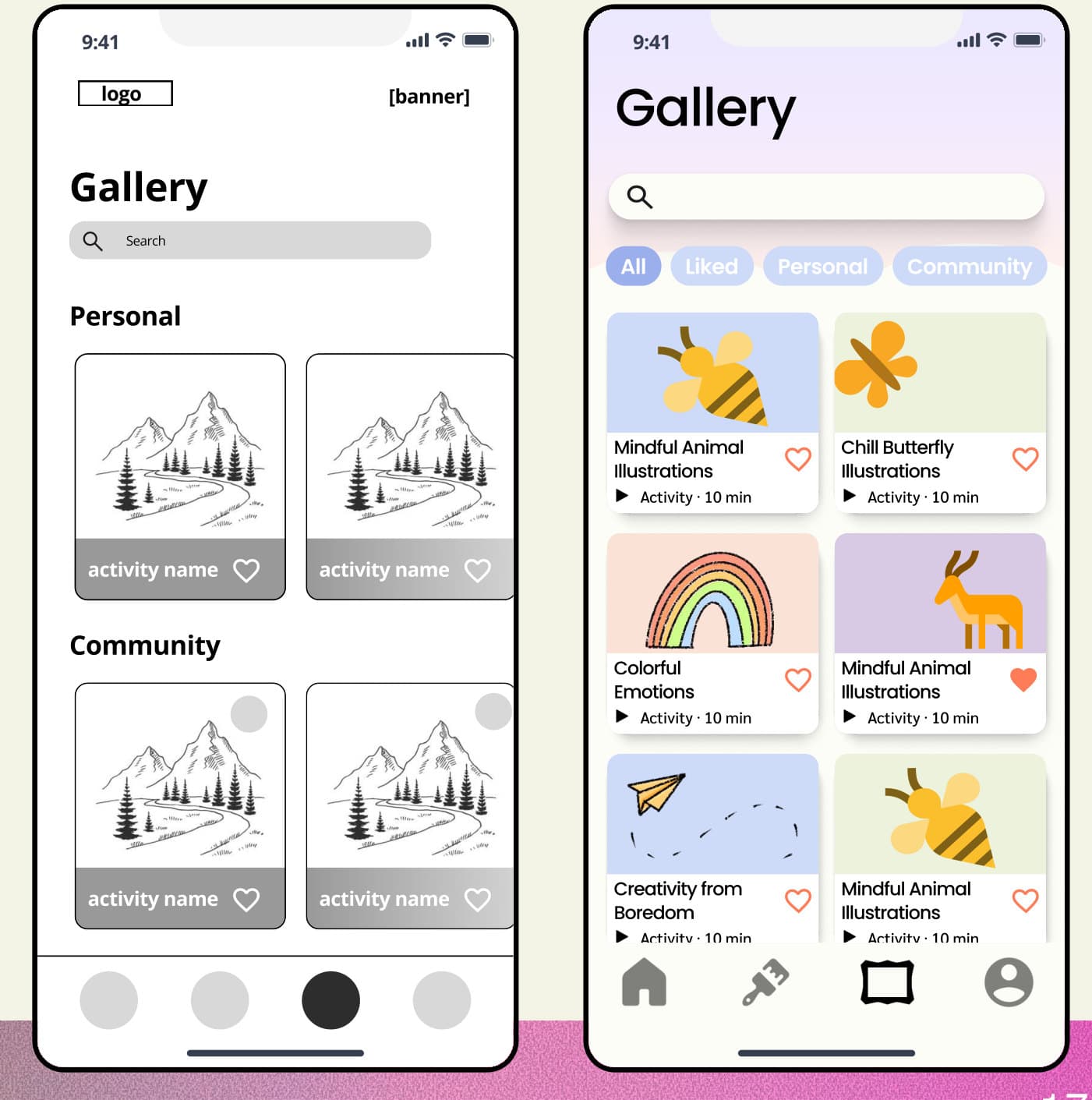 Gallery screen before and after: outlined horizontal rows become colorful cards with category tabs