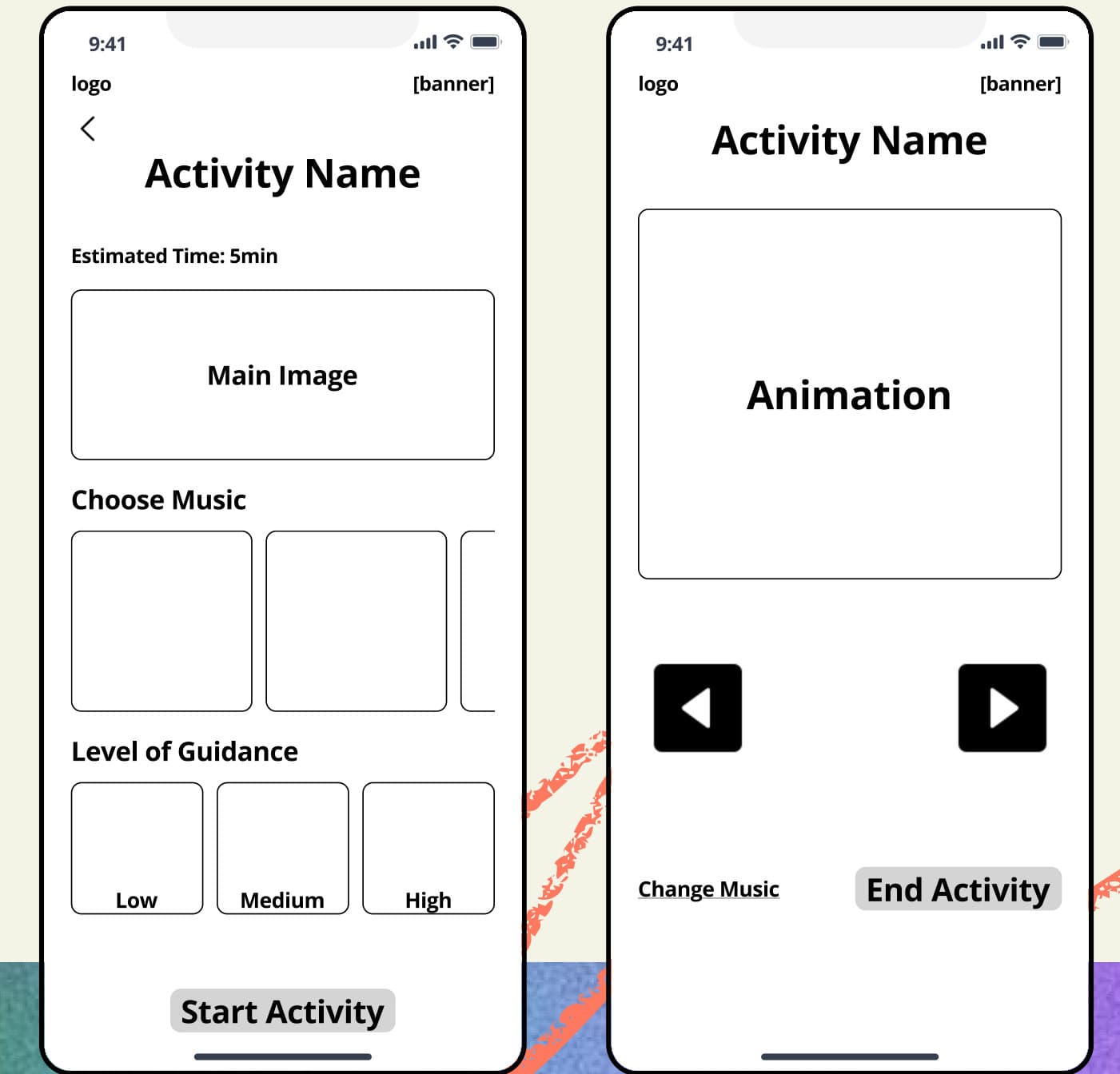 Mid fidelity activity screens with music choice, level of guidance and an animation step
