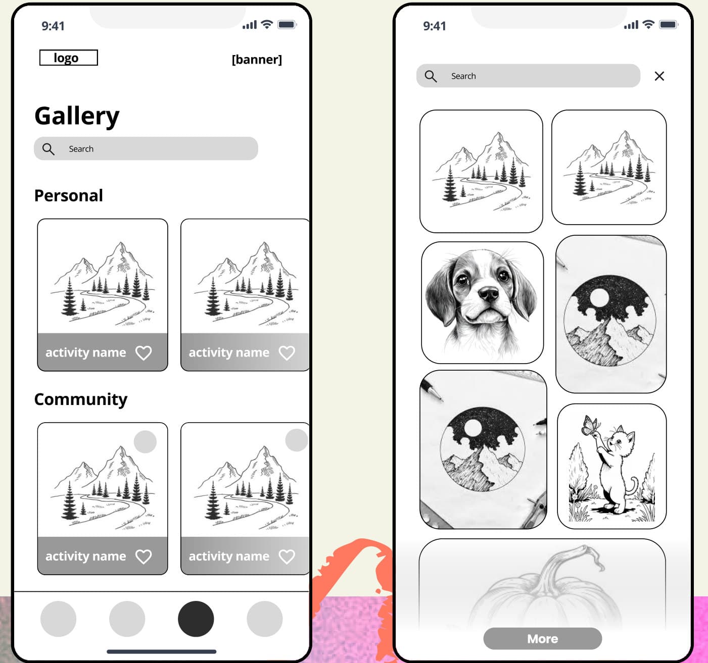 Mid fidelity gallery screens with personal and community sections