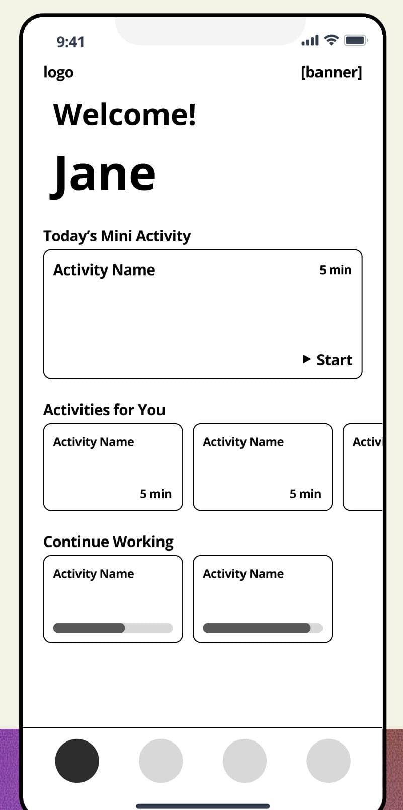 Mid fidelity home screen wireframe with today's mini activity and activities for you