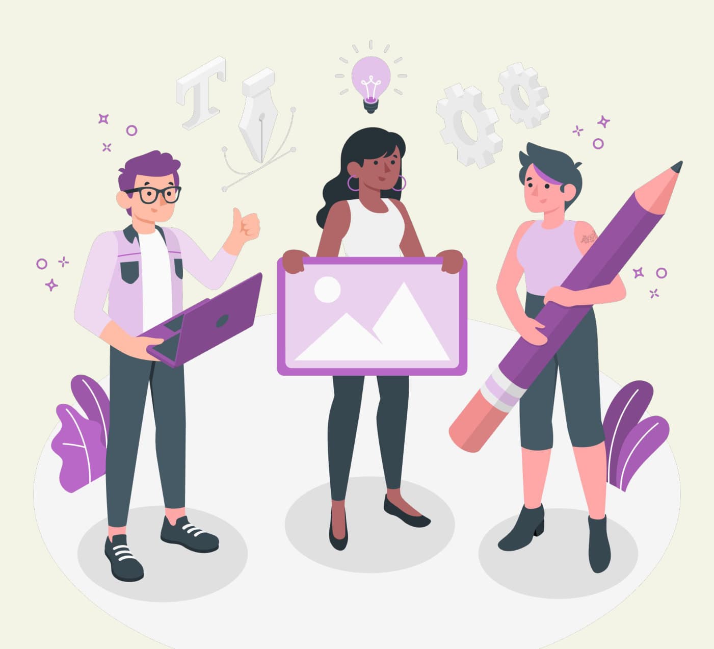 Illustration of three people holding oversized art supplies