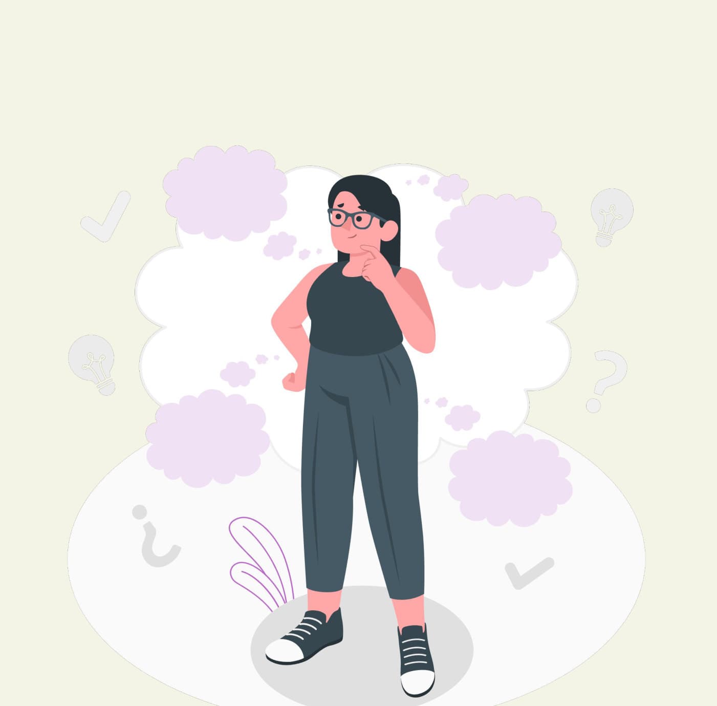 Illustration of a person surrounded by thought clouds